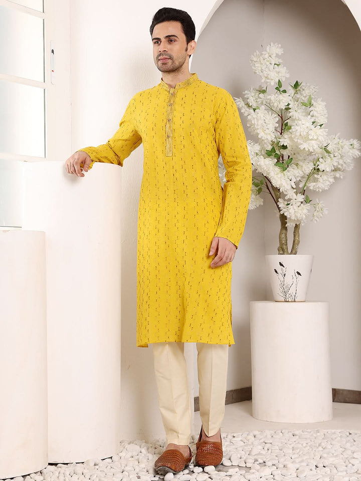 Men's Long Sleeve Mandarin Collar Straight Yellow Cotton Kurta with thread embroidery | SHOBITAM