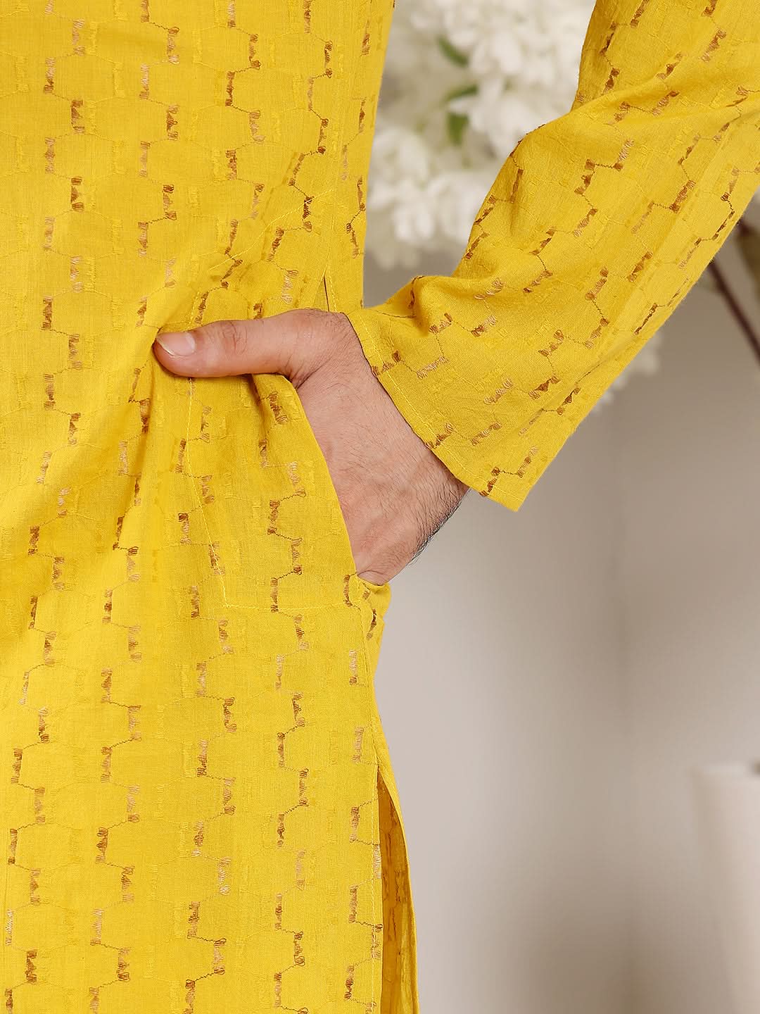 Men's Long Sleeve Mandarin Collar Straight Yellow Cotton Kurta with thread embroidery | SHOBITAM