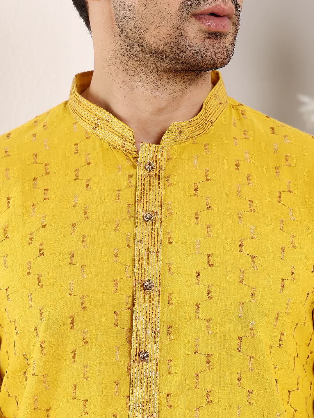 Men's Long Sleeve Mandarin Collar Straight Yellow Cotton Kurta with thread embroidery | SHOBITAM