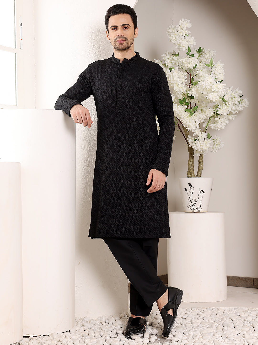 Men's Long Sleeve Mandarin Collar Straight Classic Black Rayon Silk Chikankari Kurta | SHOBITAM