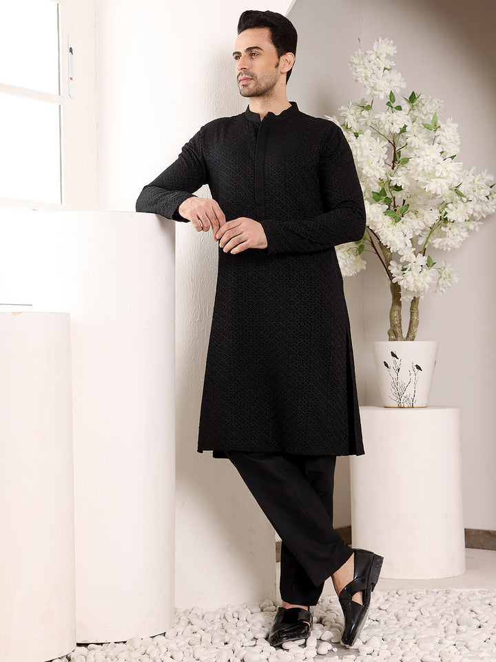 Men's Long Sleeve Mandarin Collar Straight Classic Black Rayon Silk Chikankari Kurta | SHOBITAM