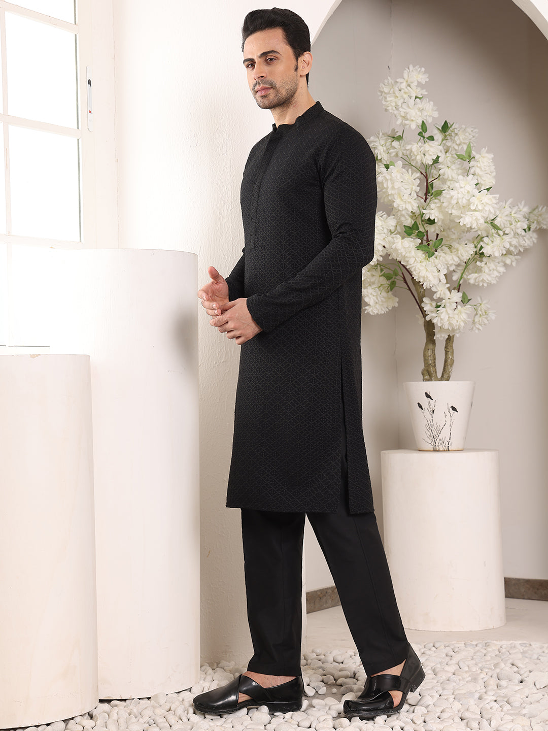 Men's Long Sleeve Mandarin Collar Straight Classic Black Rayon Silk Chikankari Kurta | SHOBITAM