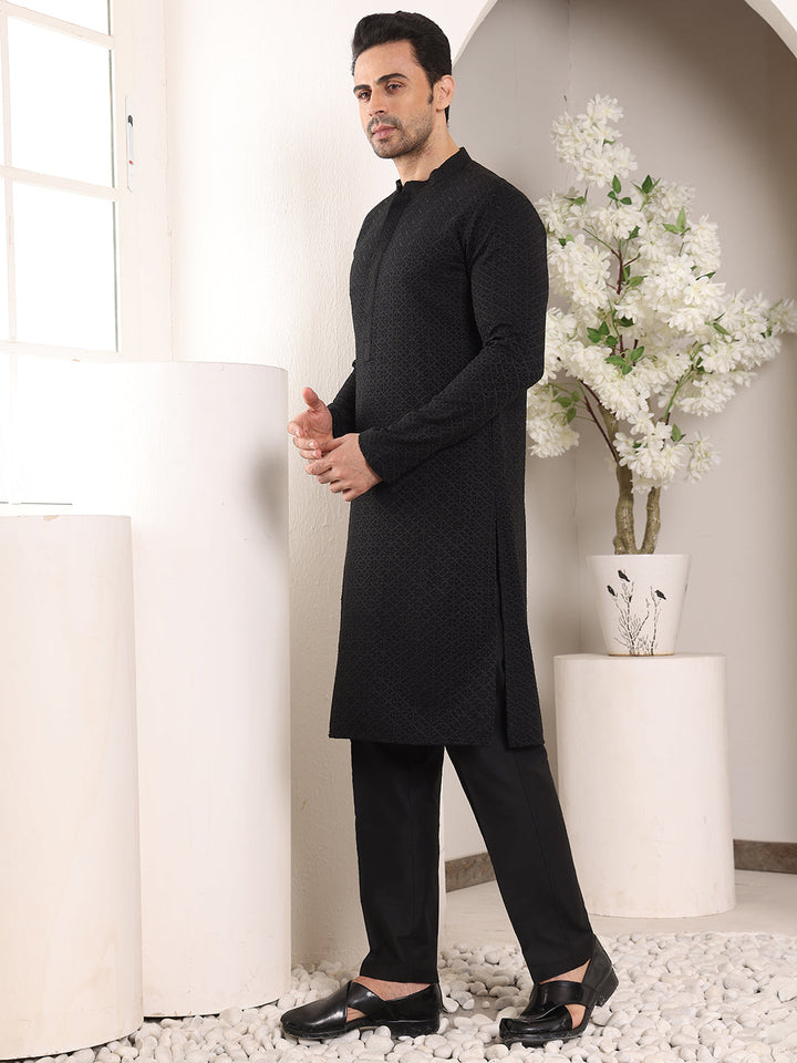 Men's Long Sleeve Mandarin Collar Straight Classic Black Rayon Silk Chikankari Kurta | SHOBITAM