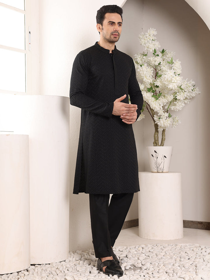 Men's Long Sleeve Mandarin Collar Straight Classic Black Rayon Silk Chikankari Kurta | SHOBITAM