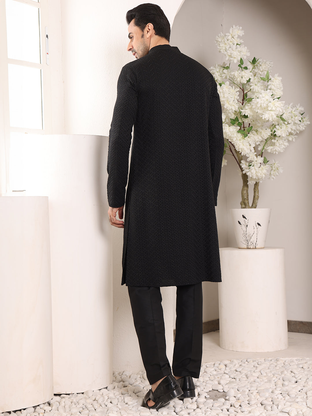 Men's Long Sleeve Mandarin Collar Straight Classic Black Rayon Silk Chikankari Kurta | SHOBITAM