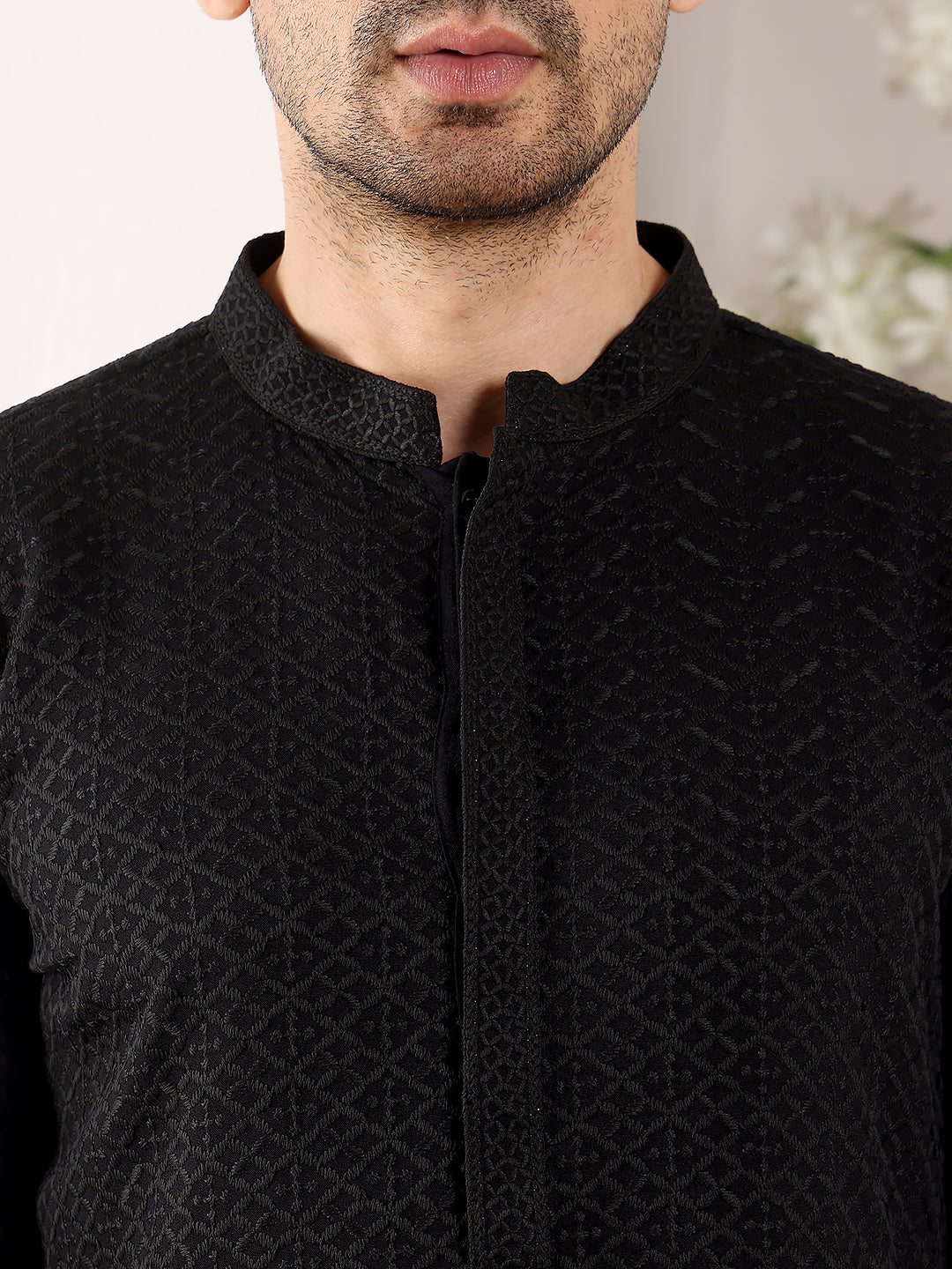 Men's Long Sleeve Mandarin Collar Straight Classic Black Rayon Silk Chikankari Kurta | SHOBITAM