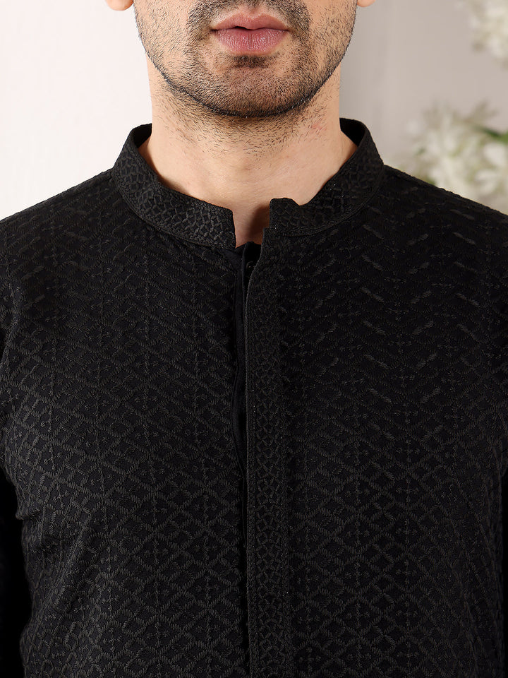 Men's Long Sleeve Mandarin Collar Straight Classic Black Rayon Silk Chikankari Kurta | SHOBITAM