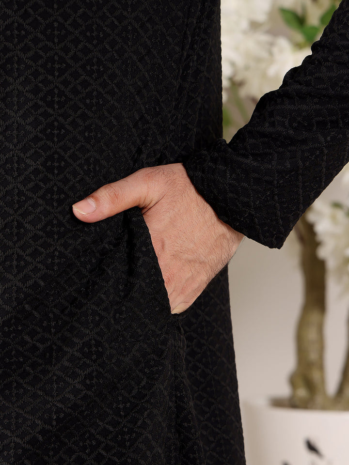 Men's Long Sleeve Mandarin Collar Straight Classic Black Rayon Silk Chikankari Kurta | SHOBITAM