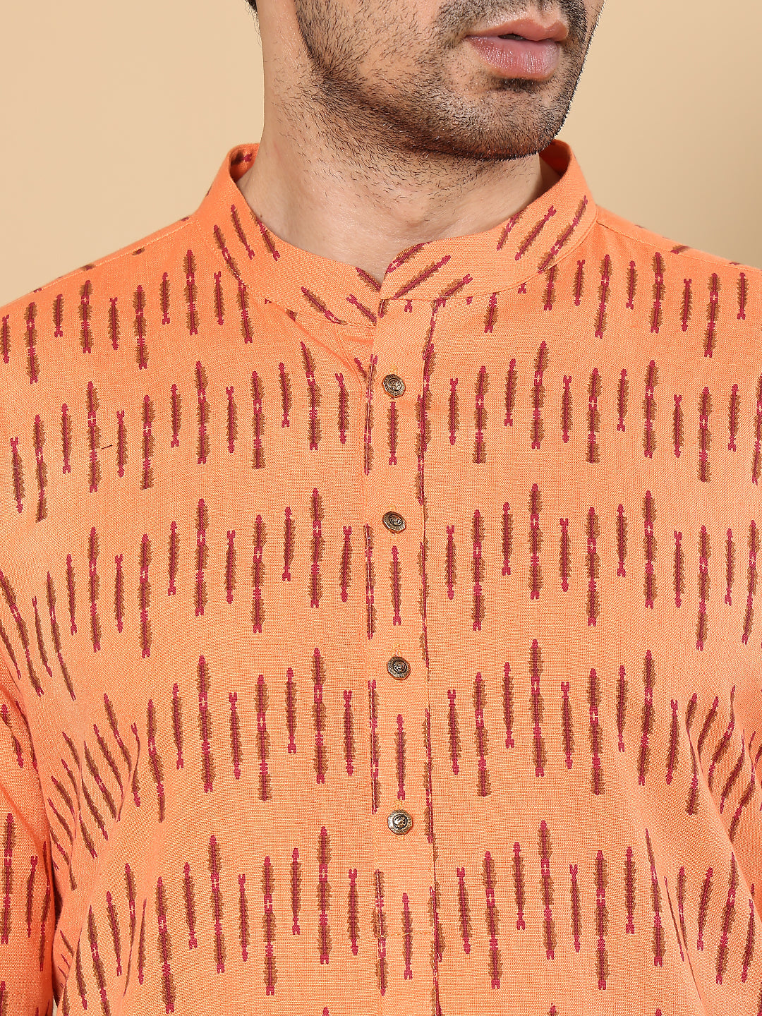 Men's Long Sleeve Mandarin Collar Orange Straight Cotton Printed Kurta | SHOBITAM
