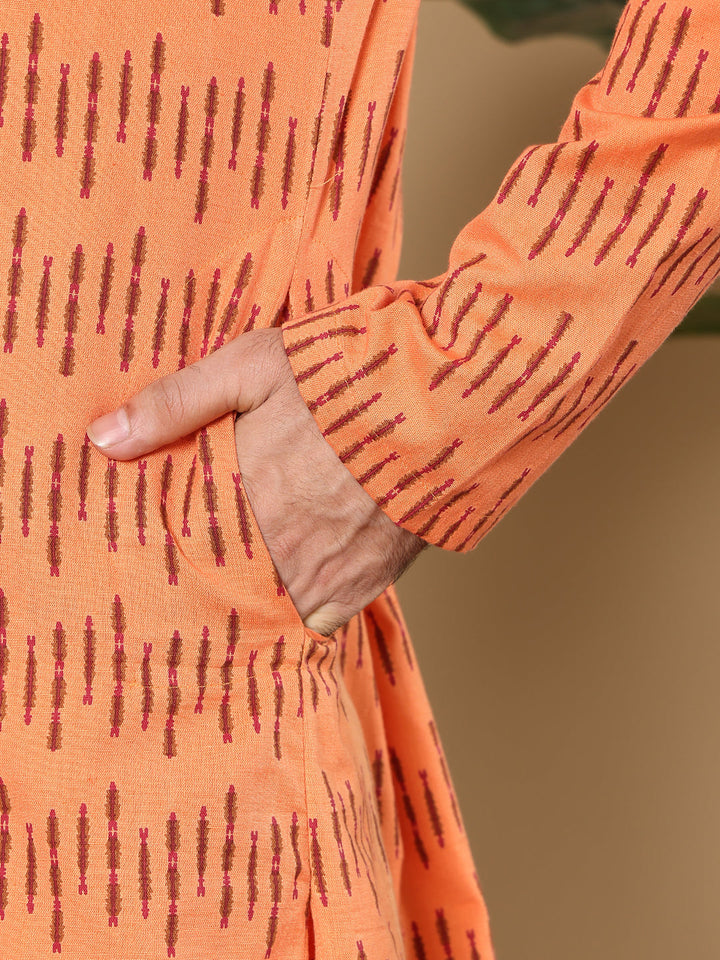 Men's Long Sleeve Mandarin Collar Orange Straight Cotton Printed Kurta | SHOBITAM