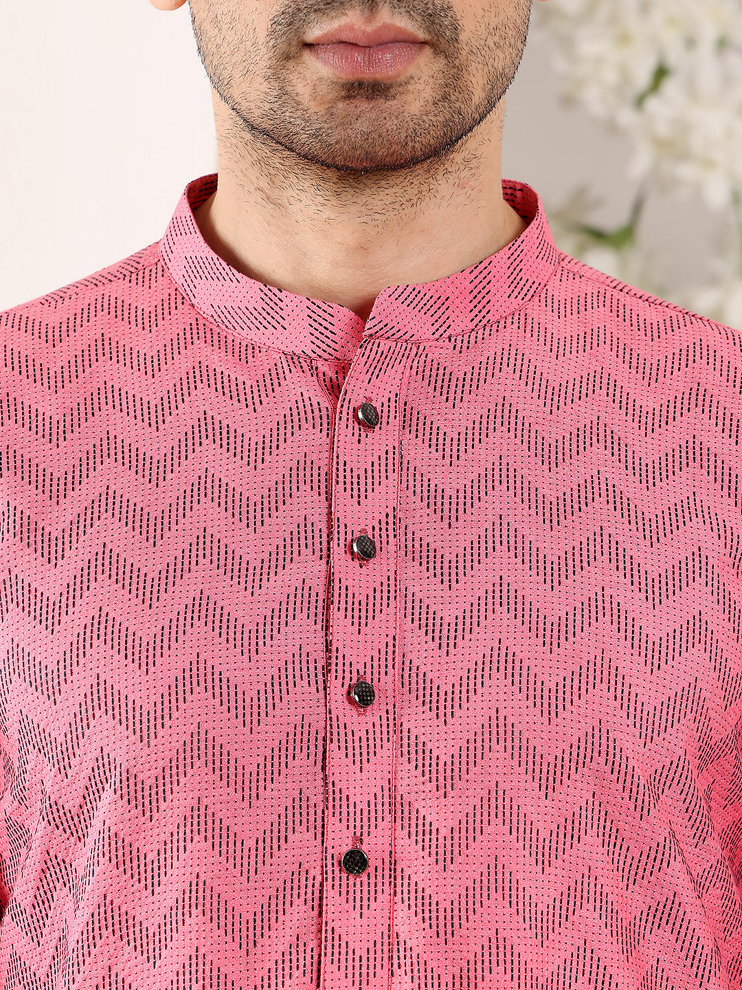 Men's Long Sleeve Mandarin Collar Pink Straight Cotton Printed Kurta | SHOBITAM