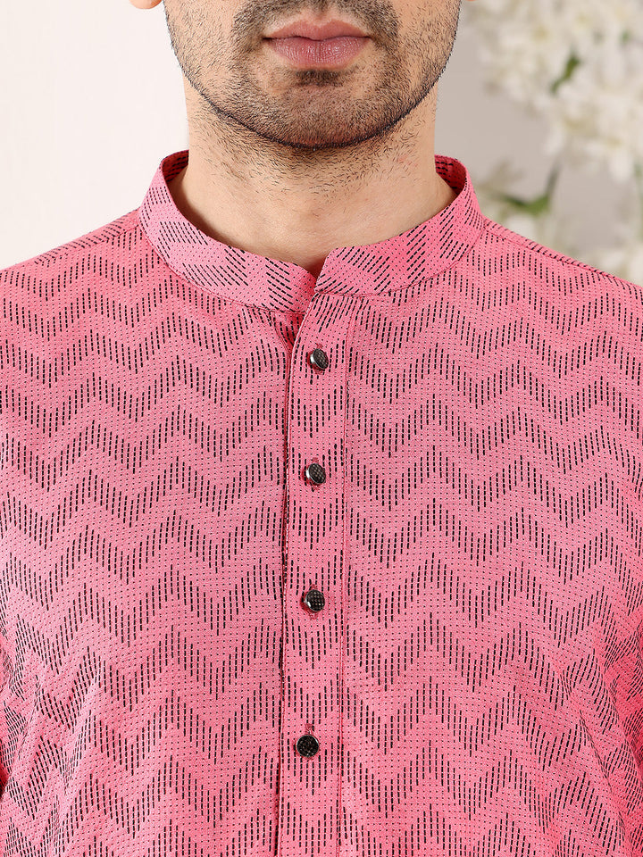 Men's Long Sleeve Mandarin Collar Pink Straight Cotton Printed Kurta | SHOBITAM