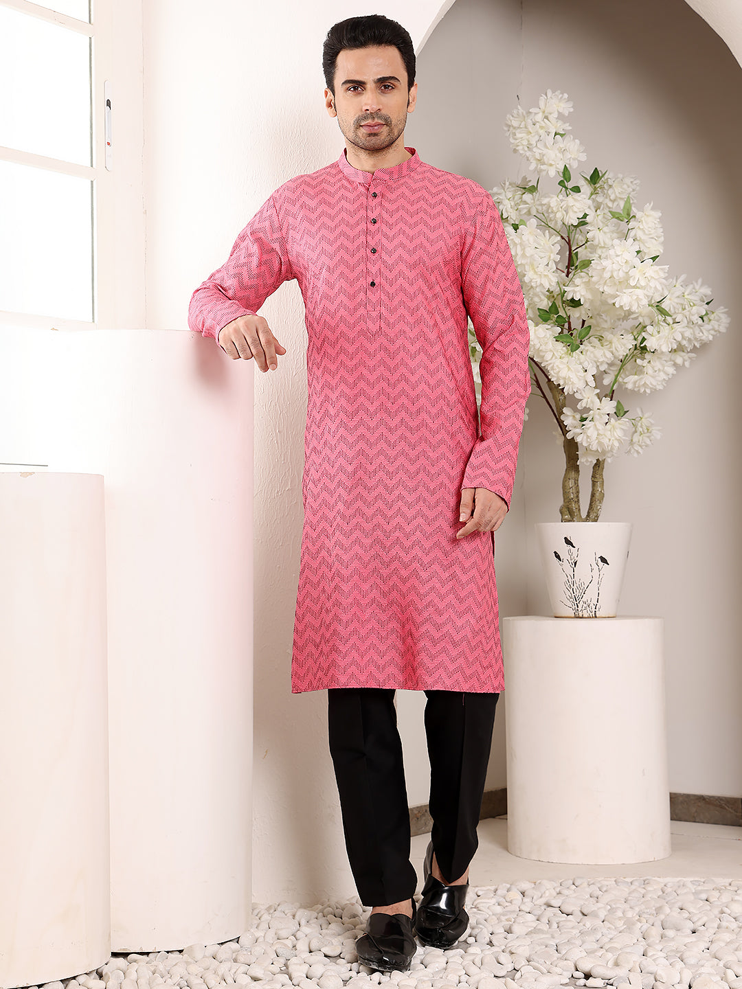 Men's Long Sleeve Mandarin Collar Pink Straight Cotton Printed Kurta | SHOBITAM