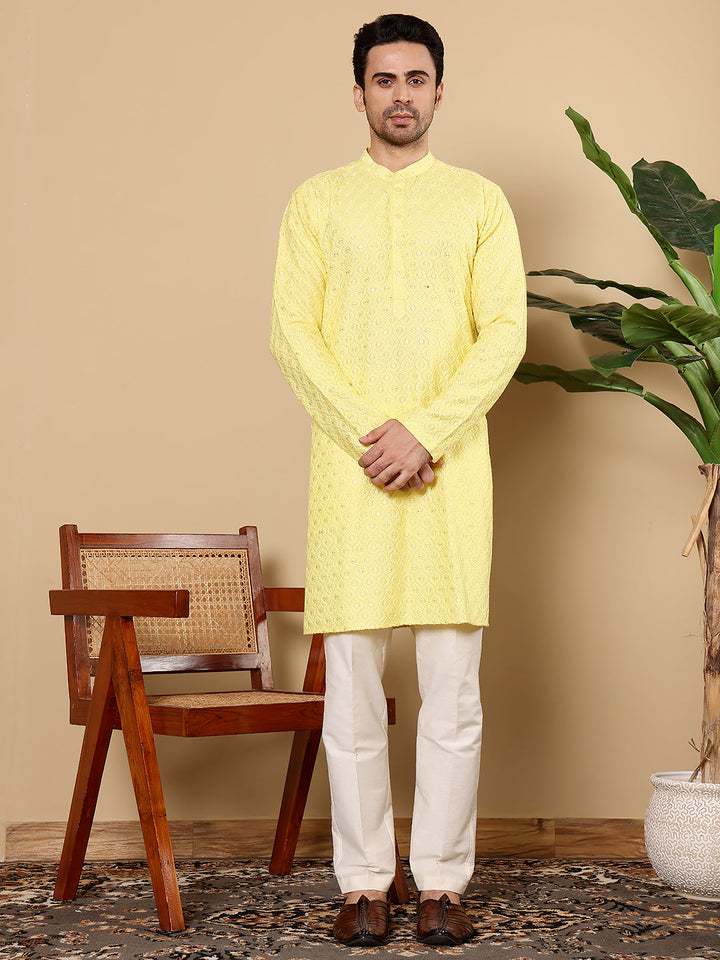 Men's Long Sleeve Mandarin Collar Rayon Silk Straight Classic Yellow Chikankari Kurta | SHOBITAM