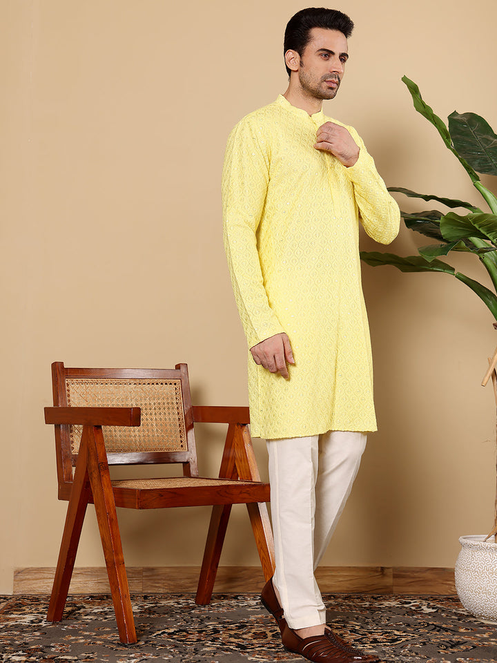 Men's Long Sleeve Mandarin Collar Rayon Silk Straight Classic Yellow Chikankari Kurta | SHOBITAM