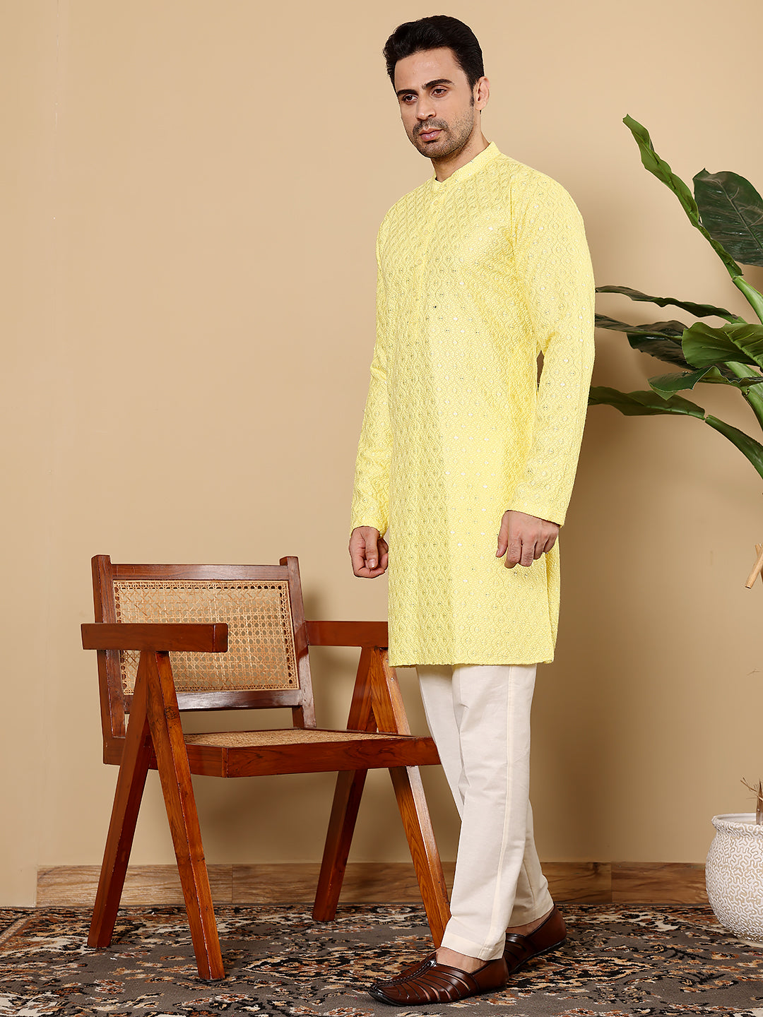 Men's Long Sleeve Mandarin Collar Rayon Silk Straight Classic Yellow Chikankari Kurta | SHOBITAM