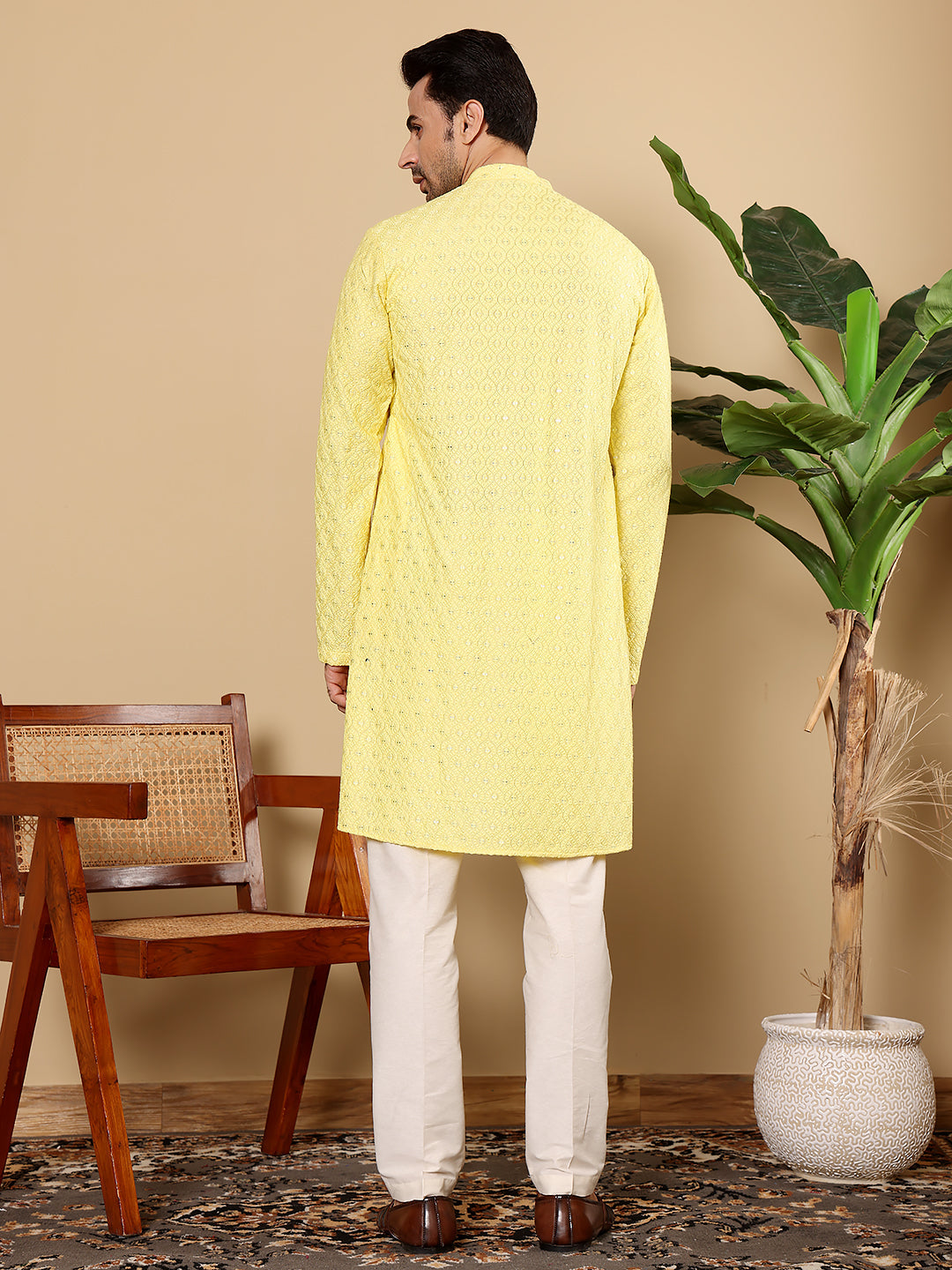 Men's Long Sleeve Mandarin Collar Rayon Silk Straight Classic Yellow Chikankari Kurta | SHOBITAM