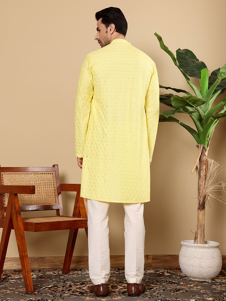 Men's Long Sleeve Mandarin Collar Rayon Silk Straight Classic Yellow Chikankari Kurta | SHOBITAM