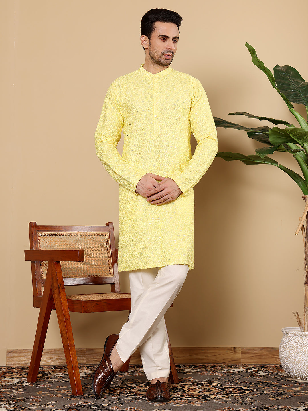 Men's Long Sleeve Mandarin Collar Rayon Silk Straight Classic Yellow Chikankari Kurta | SHOBITAM