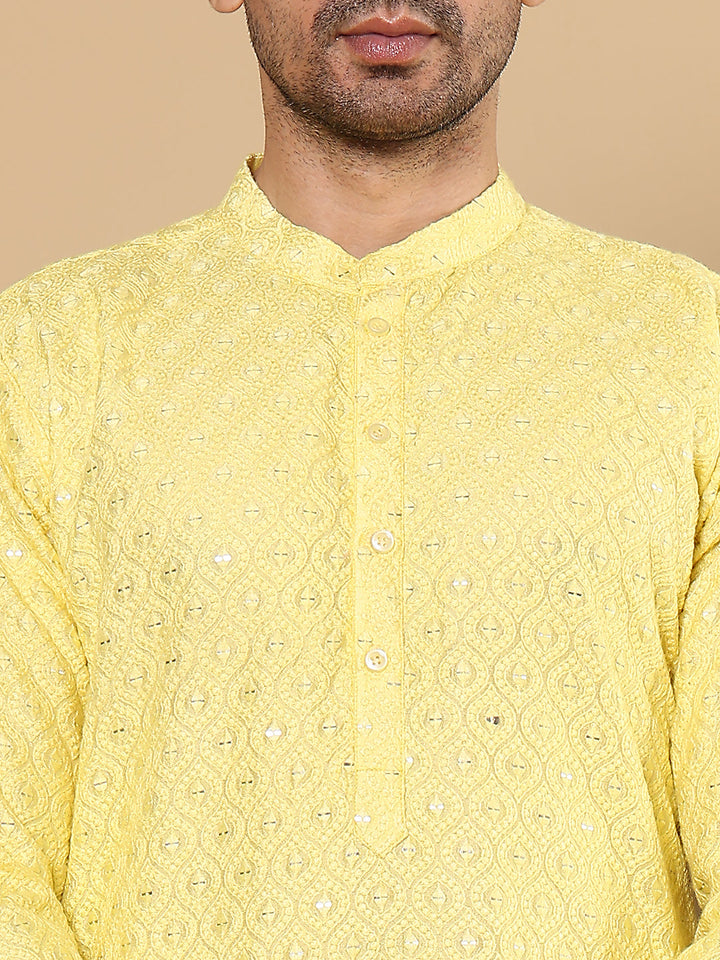 Men's Long Sleeve Mandarin Collar Rayon Silk Straight Classic Yellow Chikankari Kurta | SHOBITAM
