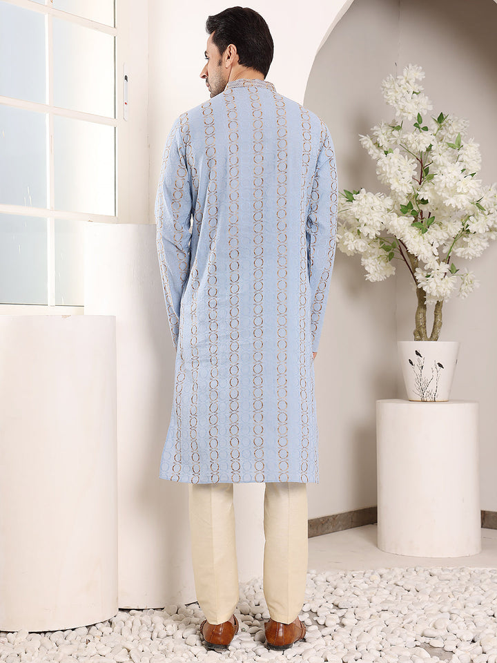 Men's Long Sleeve Mandarin Collar Elegant Printed Blue Straight Cotton Kurta | SHOBITAM