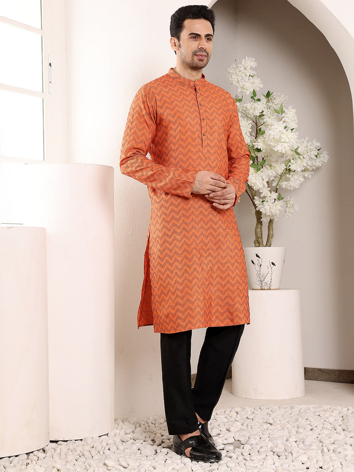 Men's Long Sleeve Mandarin Collar Elegant Orange Straight Cotton Kurta with Ikkat Print| SHOBITAM