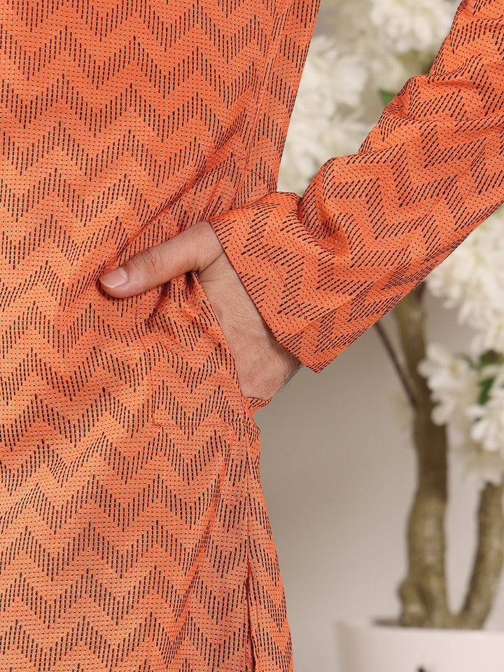 Men's Long Sleeve Mandarin Collar Elegant Orange Straight Cotton Kurta with Ikkat Print| SHOBITAM