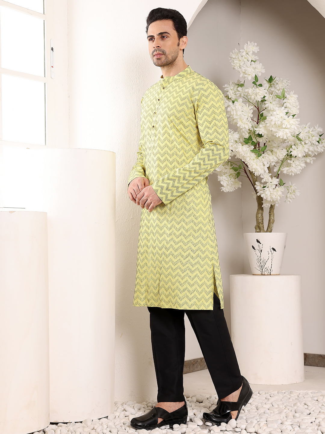Men's Long Sleeve Mandarin Collar Elegant Yellow Straight Cotton Kurta with Embroidery | SHOBITAM