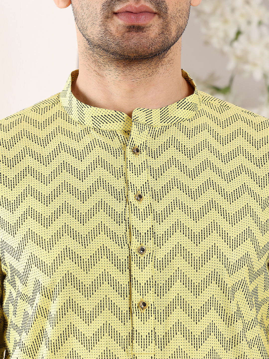 Men's Long Sleeve Mandarin Collar Elegant Yellow Straight Cotton Kurta with Embroidery | SHOBITAM