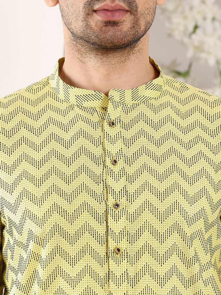 Men's Long Sleeve Mandarin Collar Elegant Yellow Straight Cotton Kurta with Embroidery | SHOBITAM