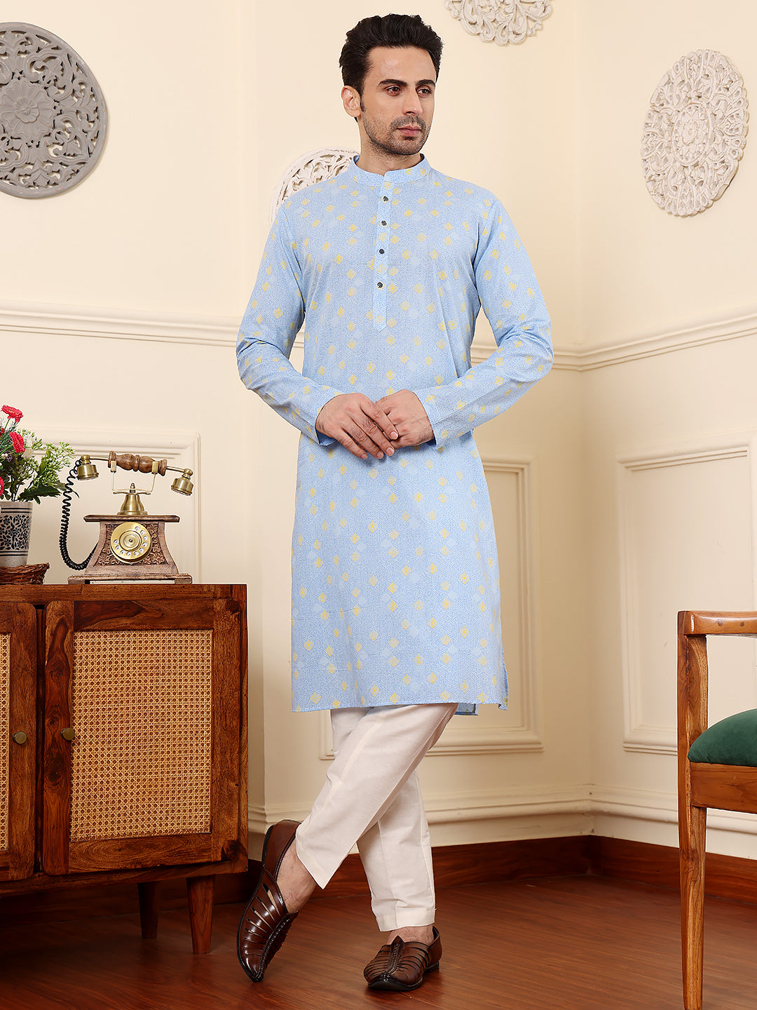 Men's Long Sleeve Mandarin Collar Elegant Blue Printed Straight Cotton kurta  | SHOBITAM