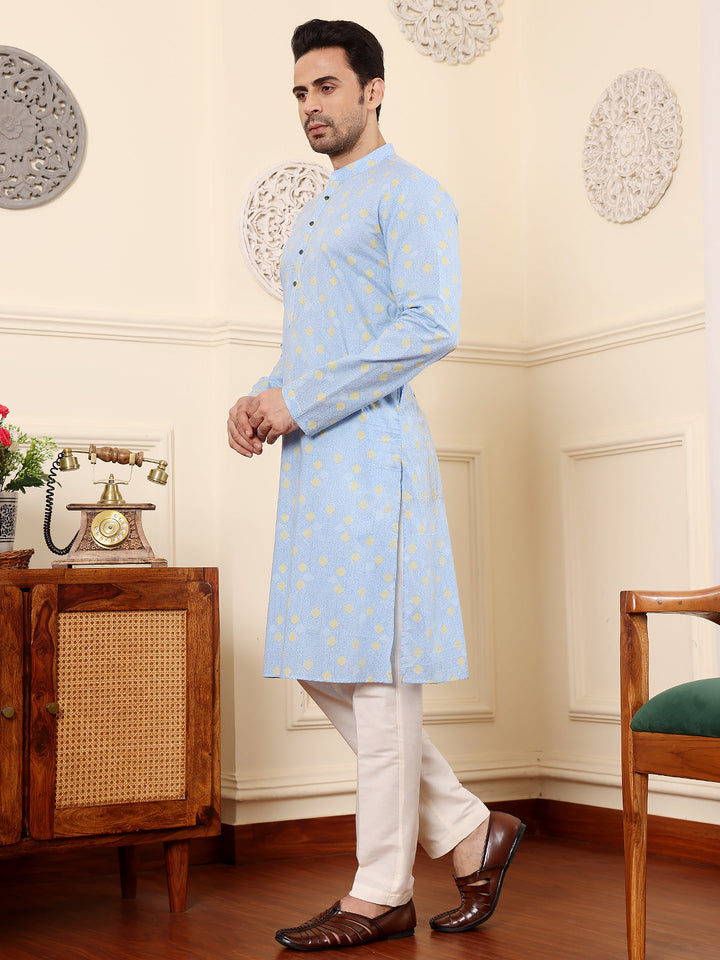 Men's Long Sleeve Mandarin Collar Elegant Blue Printed Straight Cotton kurta  | SHOBITAM
