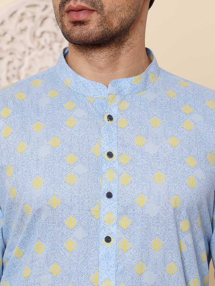 Men's Long Sleeve Mandarin Collar Elegant Blue Printed Straight Cotton kurta  | SHOBITAM