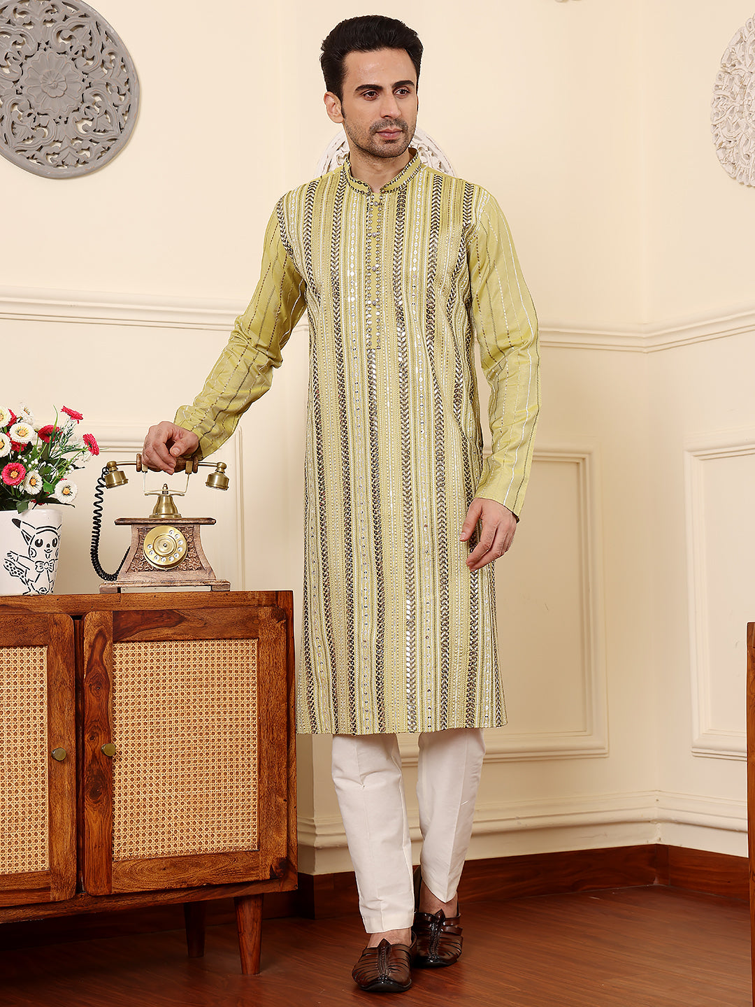 Men's Long Sleeve Mandarin Collar Ethnic Straight Light Green Viscose Silk Kurta with embroidery  | SHOBITAM