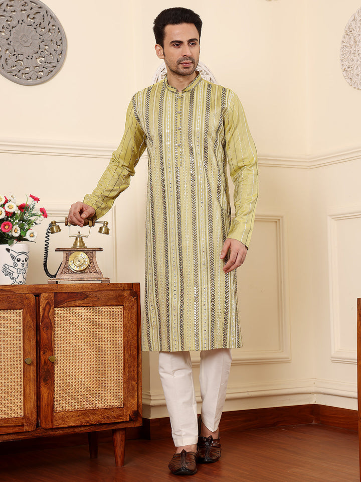 Men's Ethnic Straight Light Green Viscose Silk Kurta with embroidery,Cream solid trouser style churidar | SHOBITAM