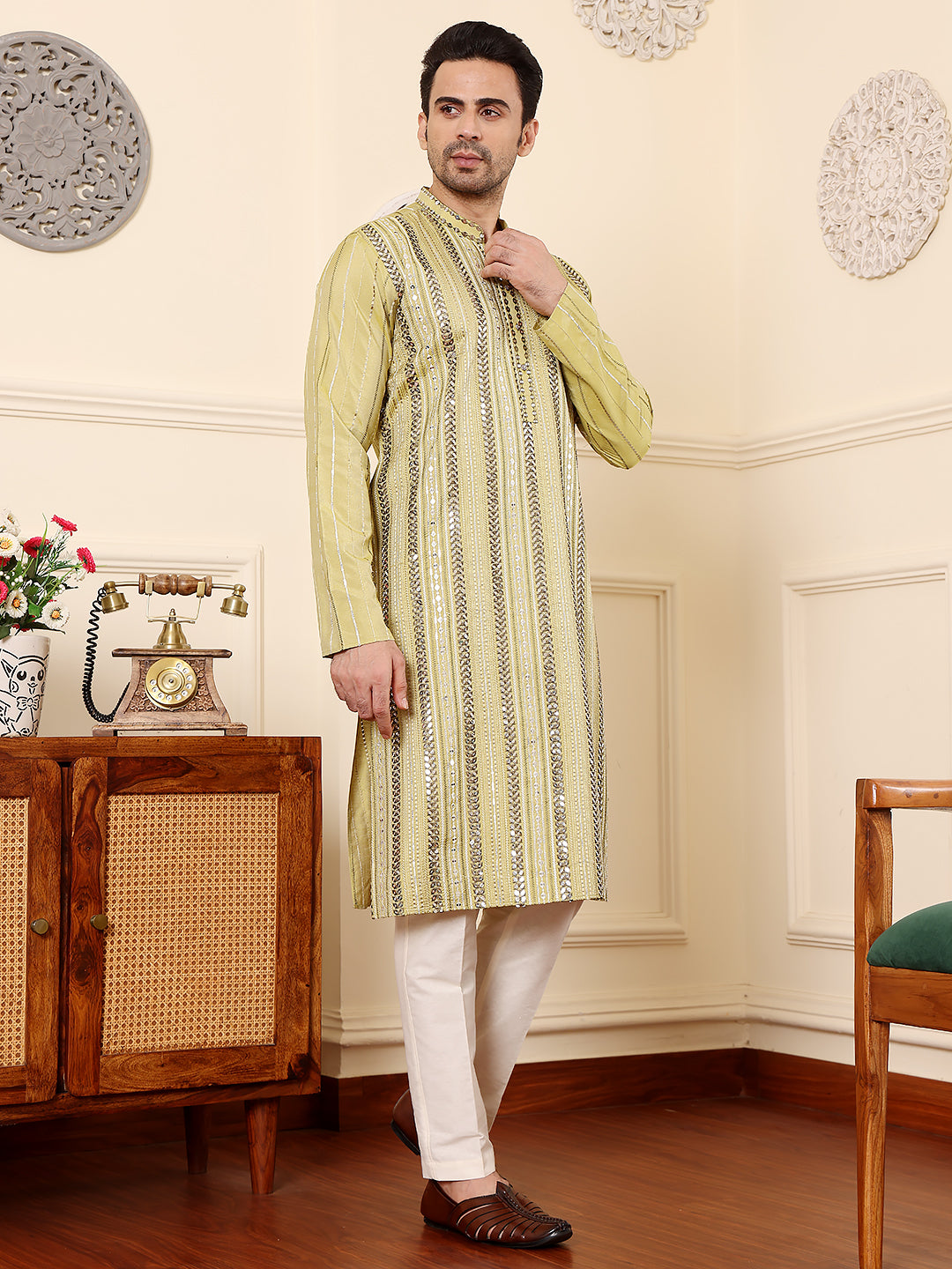Men's Long Sleeve Mandarin Collar Ethnic Straight Light Green Viscose Silk Kurta with embroidery  | SHOBITAM