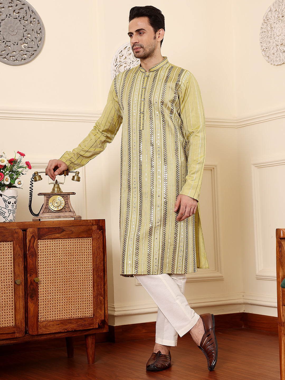 Men's Ethnic Straight Light Green Viscose Silk Kurta with embroidery,Cream solid trouser style churidar | SHOBITAM