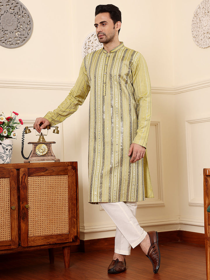 Men's Ethnic Straight Light Green Viscose Silk Kurta with embroidery,Cream solid trouser style churidar | SHOBITAM