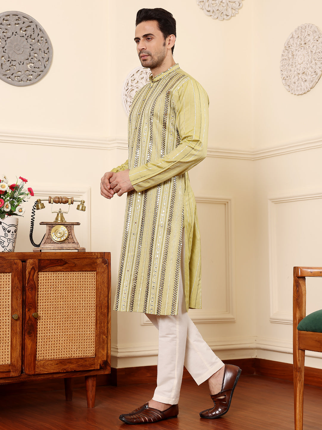 Men's Long Sleeve Mandarin Collar Ethnic Straight Light Green Viscose Silk Kurta with embroidery  | SHOBITAM