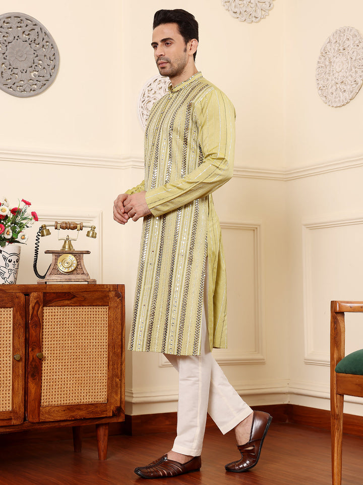 Men's Long Sleeve Mandarin Collar Ethnic Straight Light Green Viscose Silk Kurta with embroidery  | SHOBITAM
