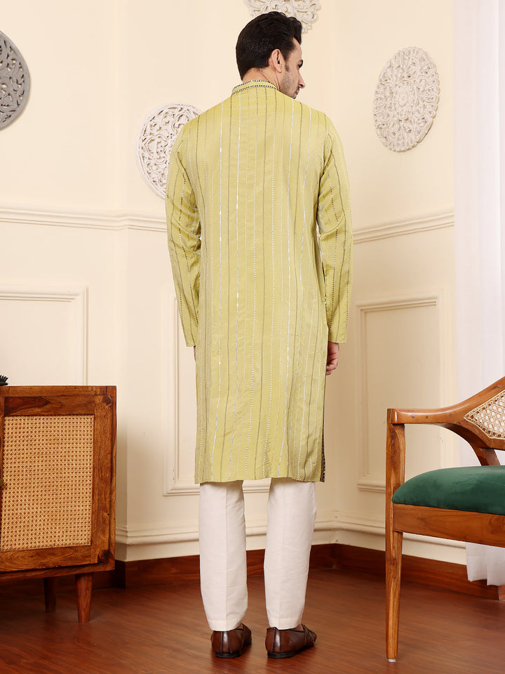 Men's Long Sleeve Mandarin Collar Ethnic Straight Light Green Viscose Silk Kurta with embroidery  | SHOBITAM