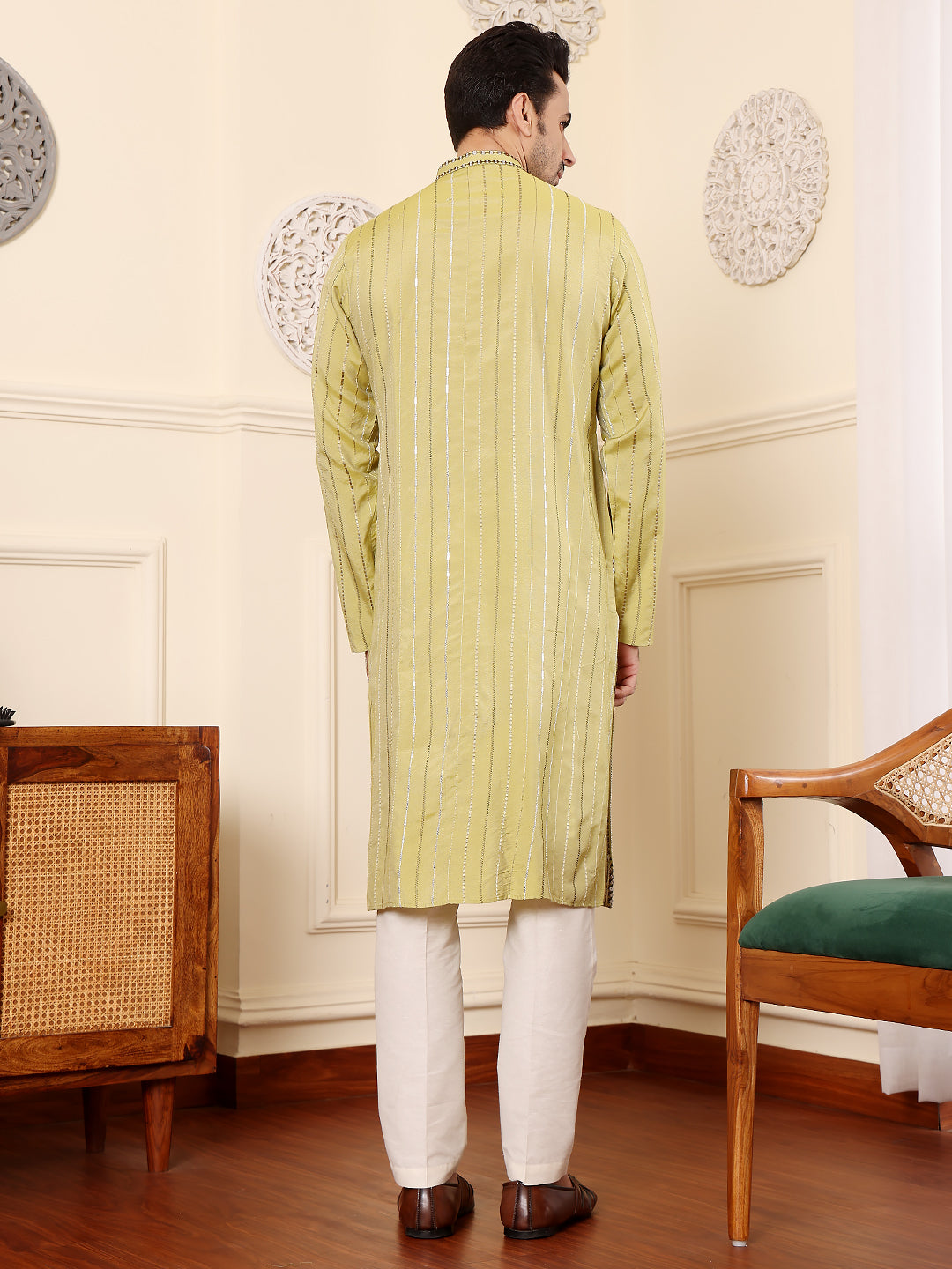 Men's Ethnic Straight Light Green Viscose Silk Kurta with embroidery,Cream solid trouser style churidar | SHOBITAM