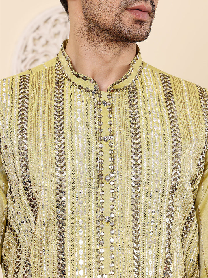 Men's Long Sleeve Mandarin Collar Ethnic Straight Light Green Viscose Silk Kurta with embroidery  | SHOBITAM