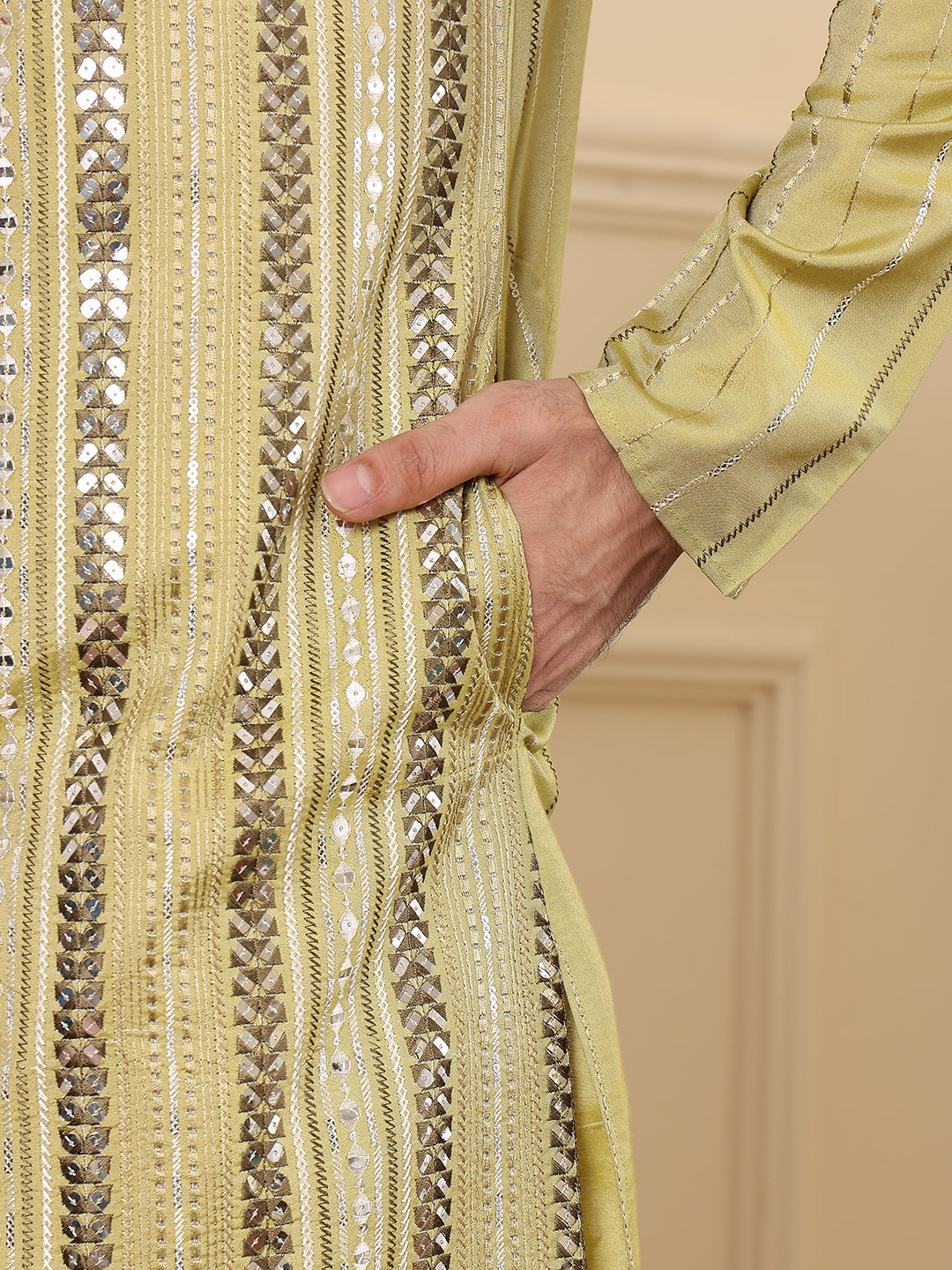 Men's Ethnic Straight Light Green Viscose Silk Kurta with embroidery,Cream solid trouser style churidar | SHOBITAM