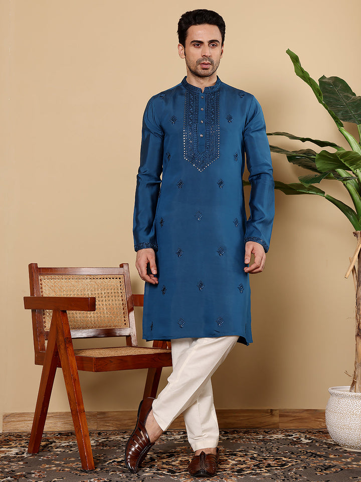 Men's Long Sleeve Mandarin Collar Blue Straight Viscose Silk Kurta with Embroidered Neckline and Motifs | SHOBITAM