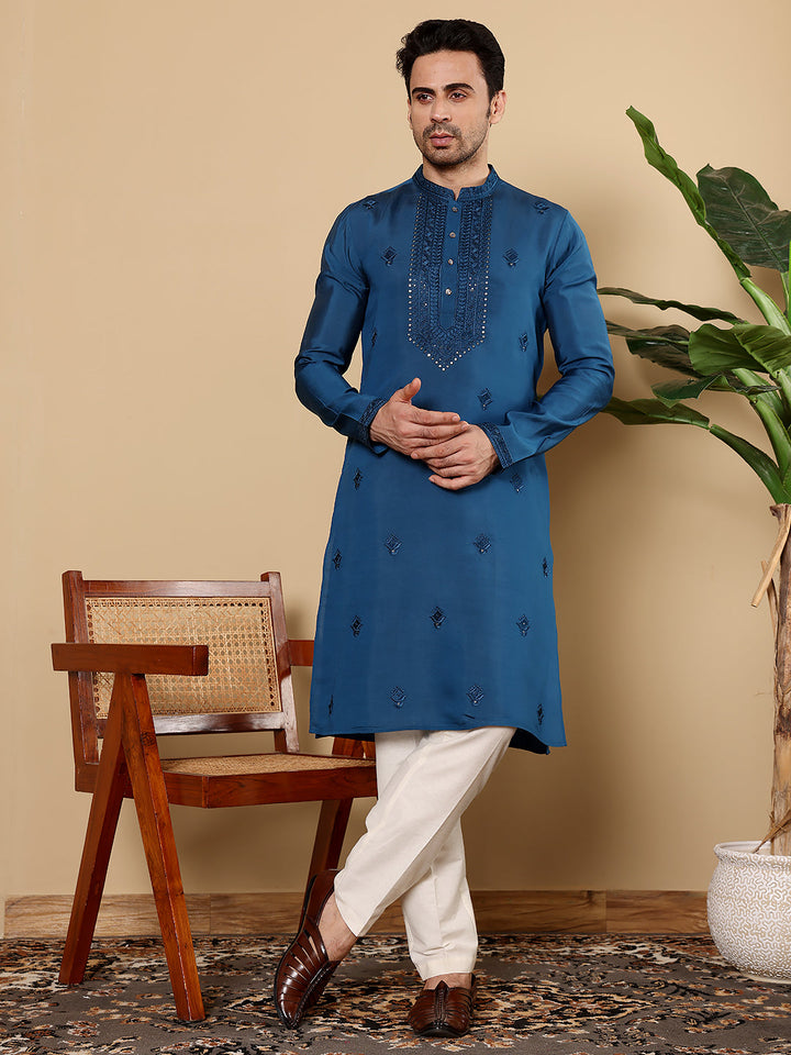 Men's Long Sleeve Mandarin Collar Blue Straight Viscose Silk Kurta with Embroidered Neckline and Motifs | SHOBITAM