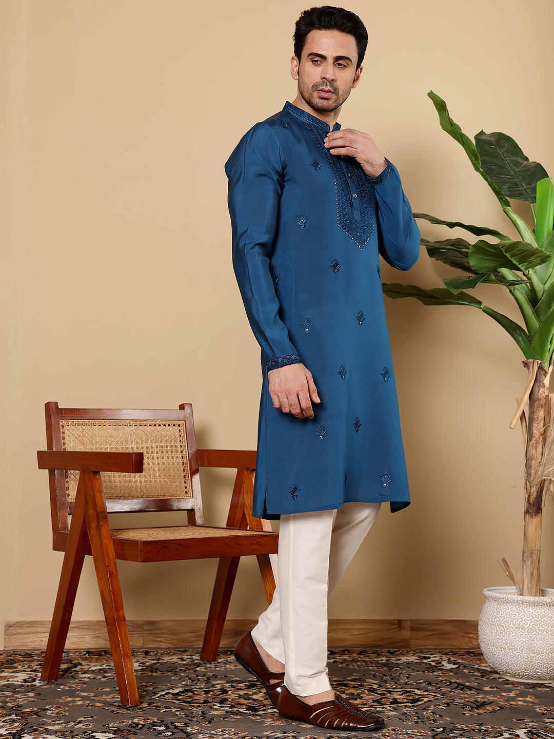Men's Long Sleeve Mandarin Collar Blue Straight Viscose Silk Kurta with Embroidered Neckline and Motifs | SHOBITAM