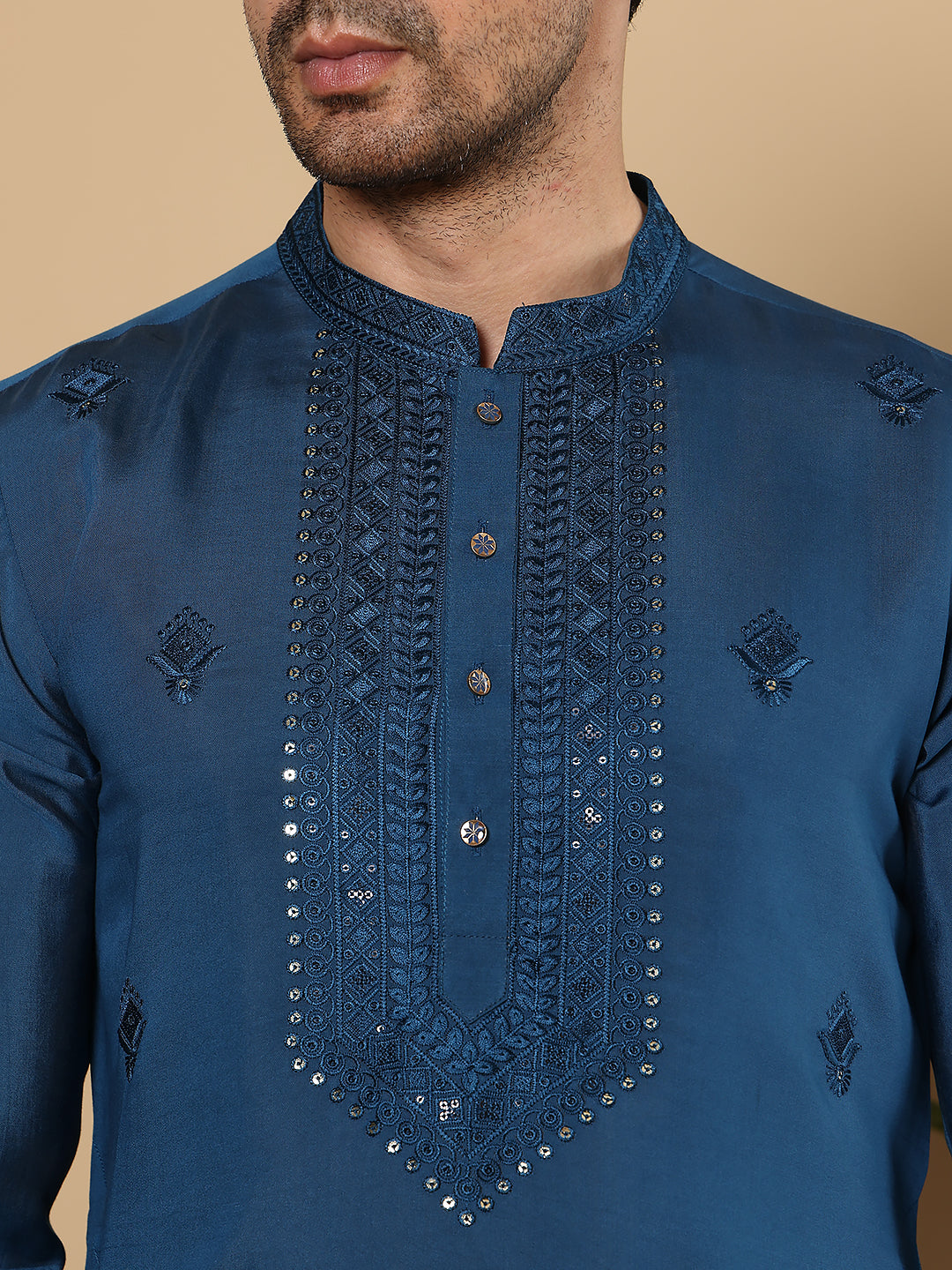 Men's Long Sleeve Mandarin Collar Blue Straight Viscose Silk Kurta with Embroidered Neckline and Motifs | SHOBITAM