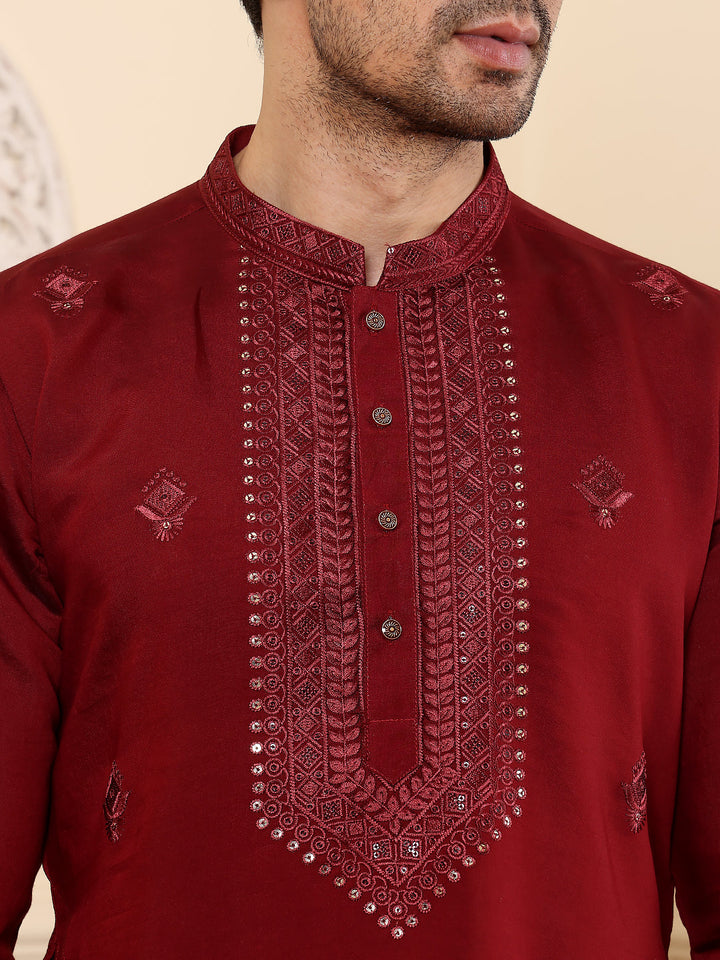 Men's Long Sleeve Mandarin Collar Dark Red Straight Viscose Silk Kurta with Embroidered Neckline and Motifs | SHOBITAM