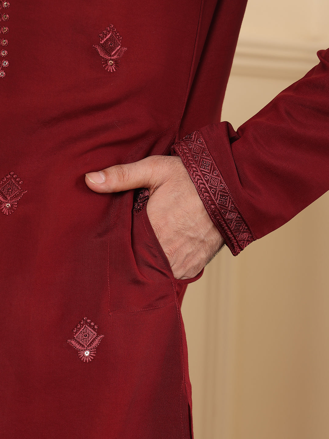 Men's Long Sleeve Mandarin Collar Dark Red Straight Viscose Silk Kurta with Embroidered Neckline and Motifs | SHOBITAM
